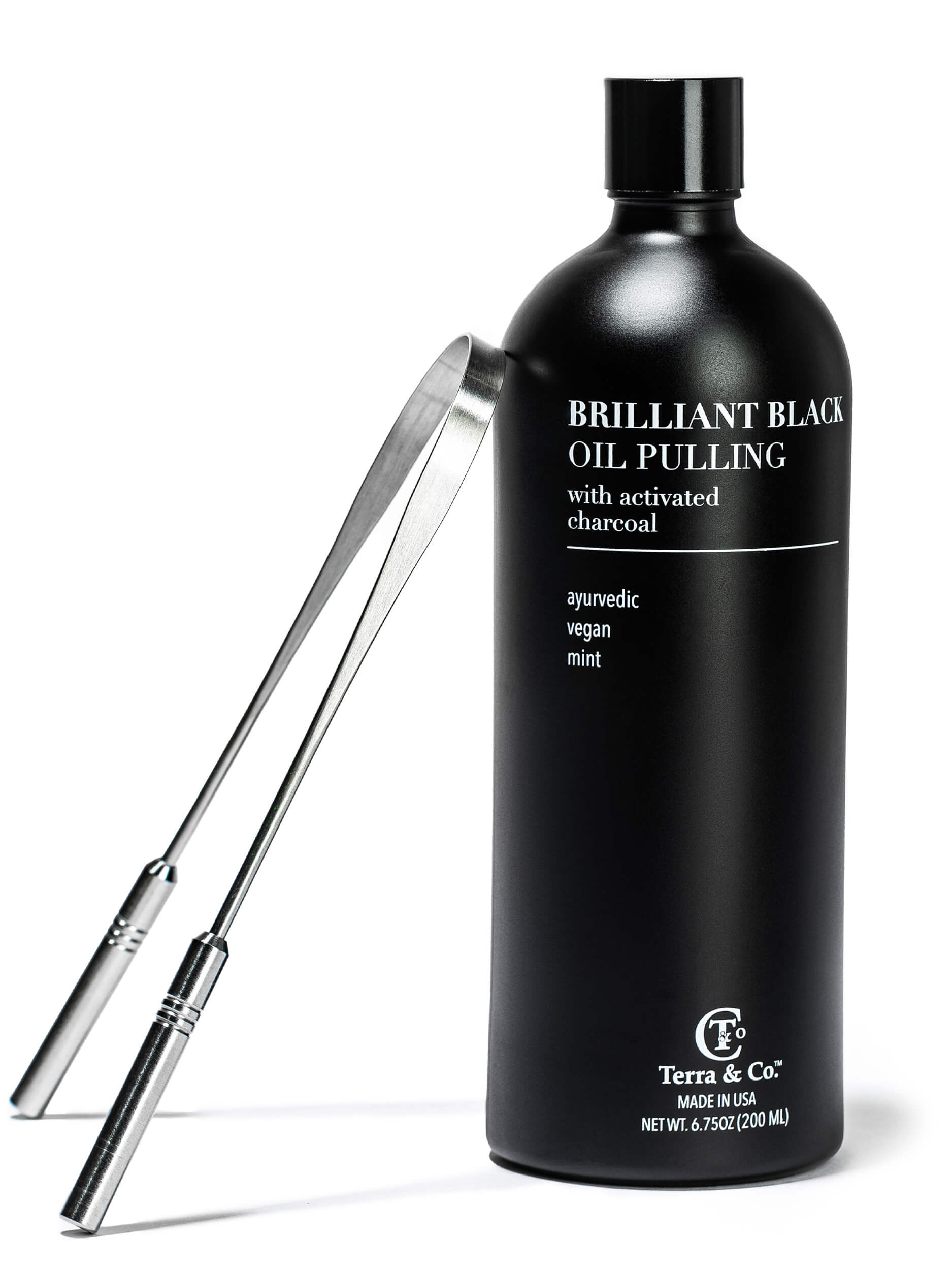 Charcoal Oil Pulling + Stainless Steel Tongue Scraper Bundle by Terra & Co.