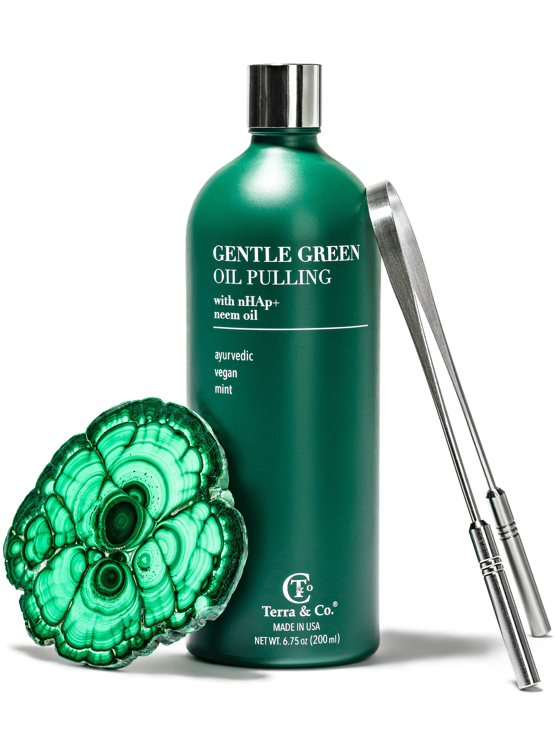 Gentle Green™ Oral Detox Bundle – Stainless Steel Tongue Scraper & Ayurvedic Oil Pulling by Terra & Co.