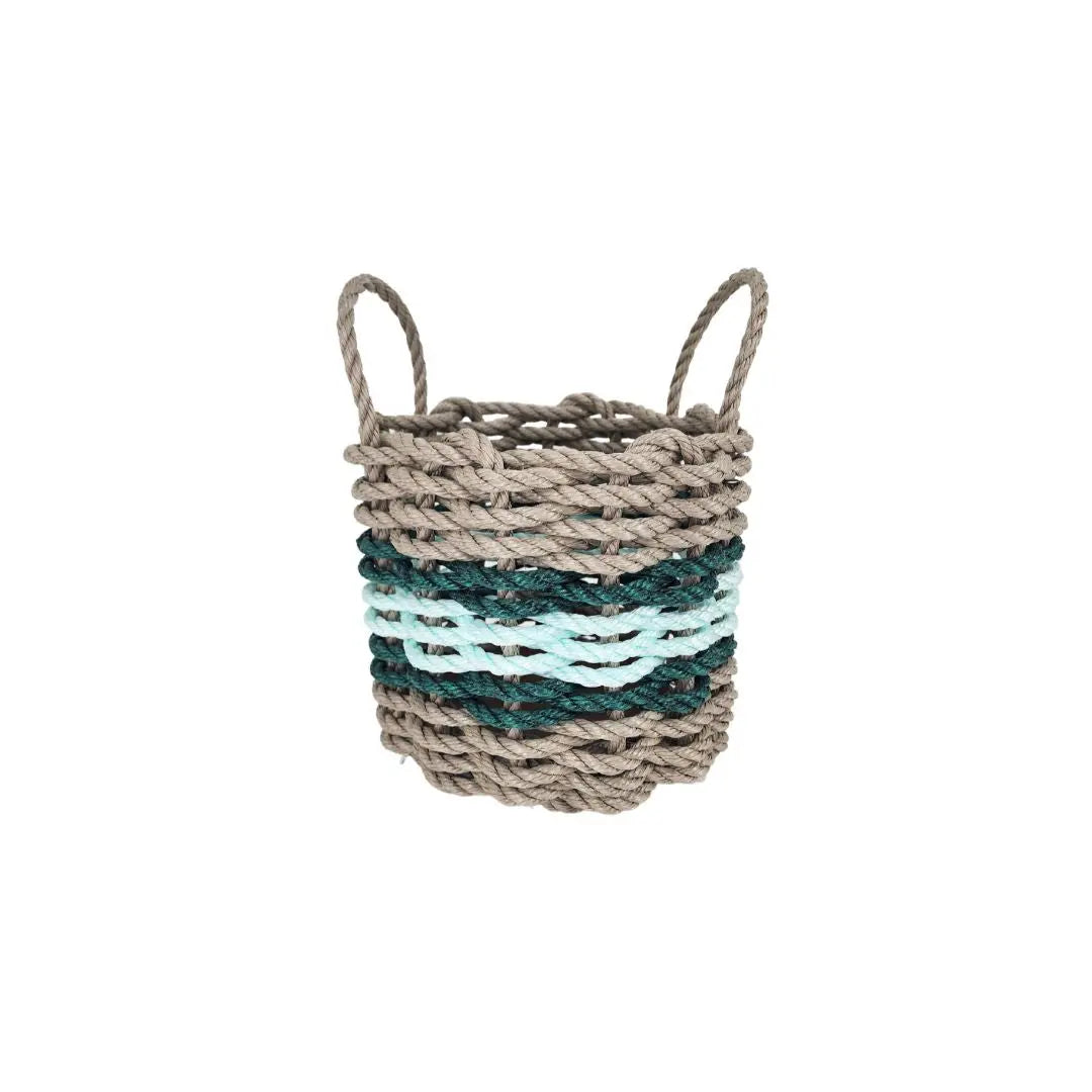 Lobster Rope Basket Tan and Seafoam, Hunter Green Accents